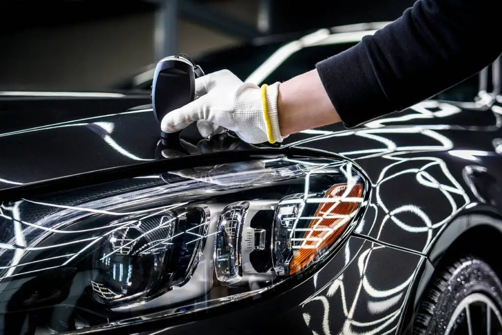 Gloved hand using a polishing tool on a black car beside its headlight